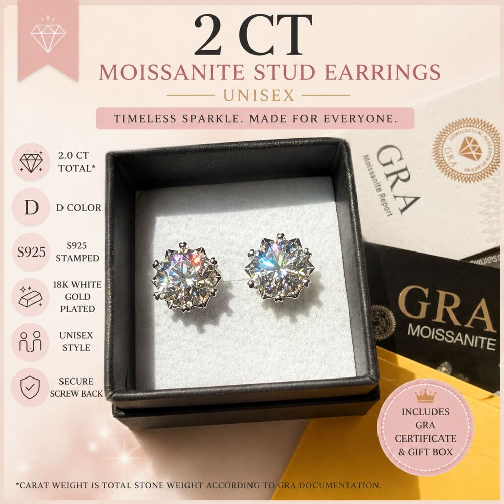 2 CT Moissanite Stud Earrings S925 -18K White Gold Plated - D Color - Unisex